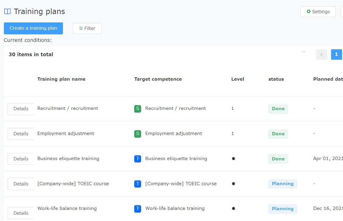 Screen of Training Plan